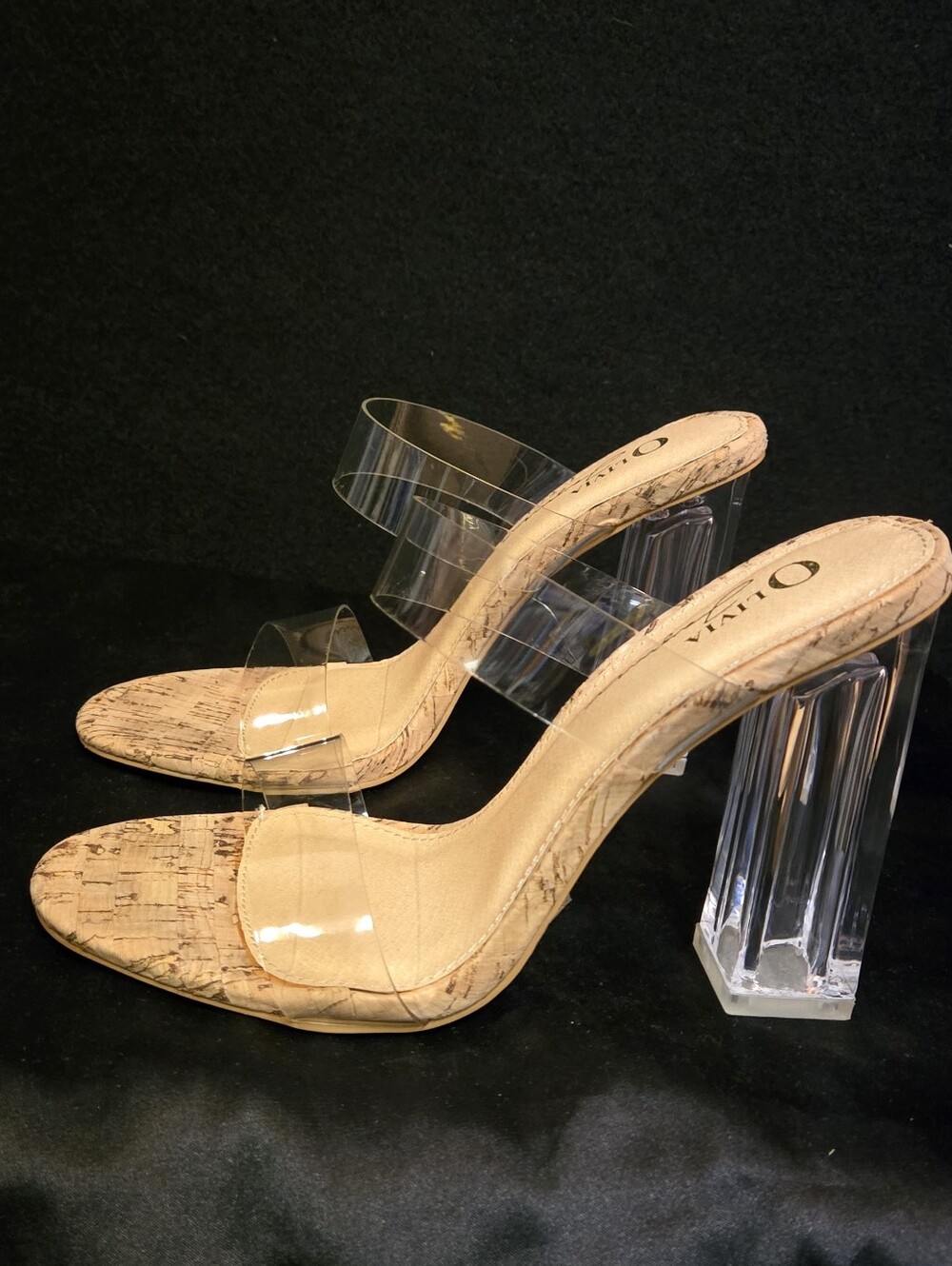 Olivia Ferguson Clear Strap Cork Block Heel Sandals - Nude